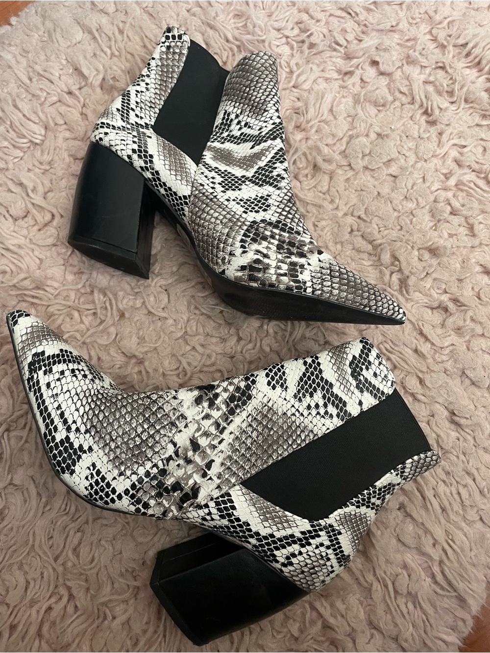 Snake-Print Pointed Toe Ankle Boots in Black & White